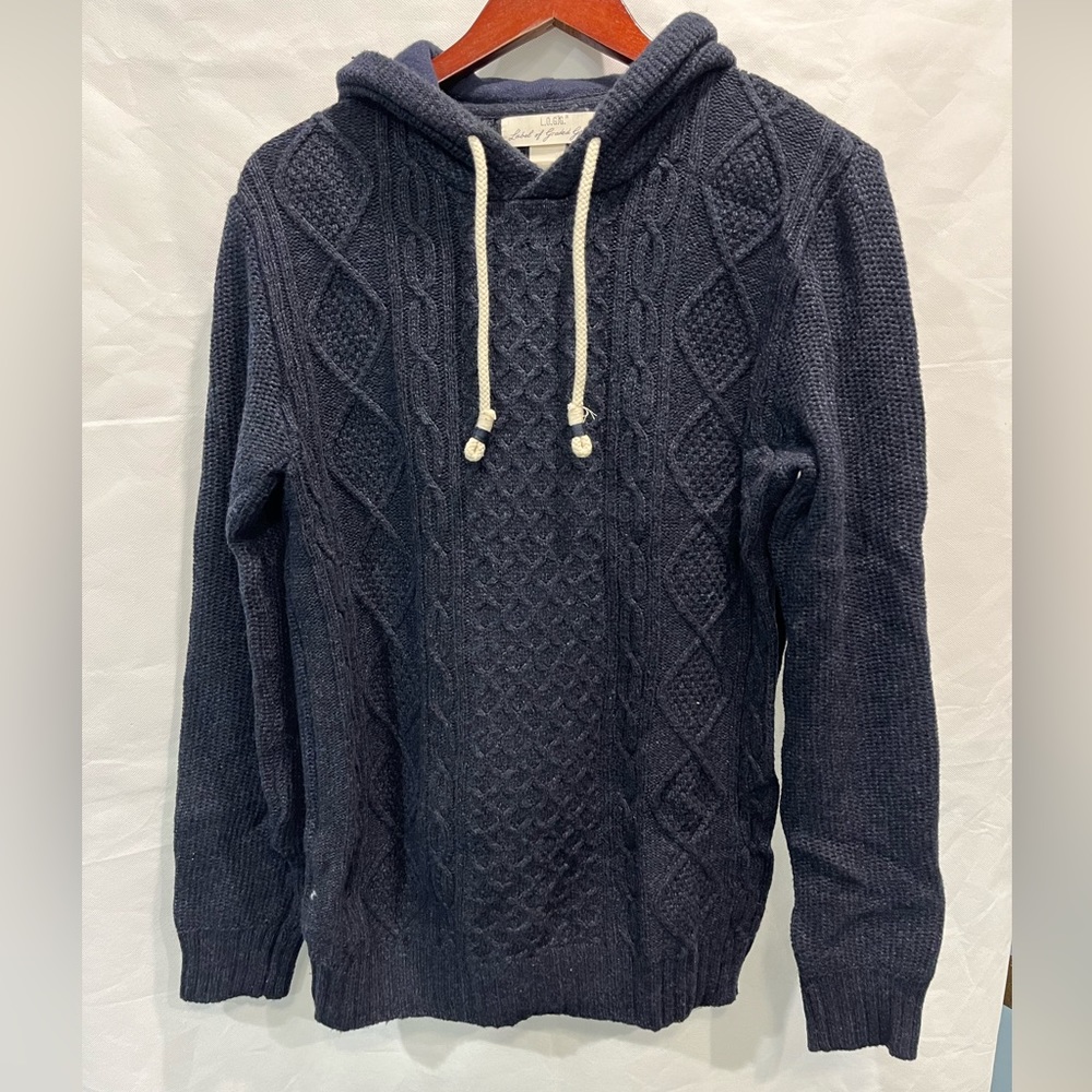 H&M Navy Cable Knit Hoodie Sweater with Cream Drawstrings